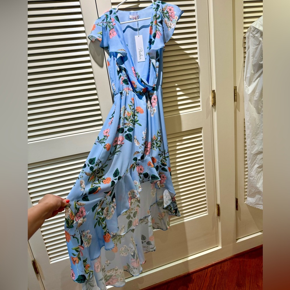 Parker high-low dress, sky blue, spring floral print